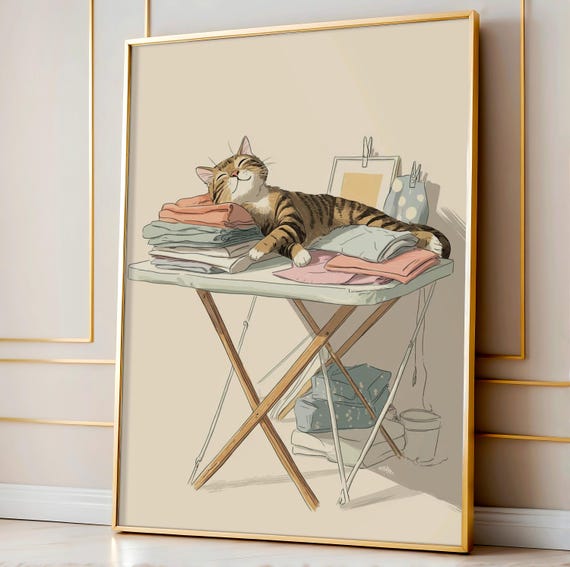 Folding Table Cat Wall Art Whimsical Tabby Laying On Clean Clothes Funny Laundry Room Pet Decor