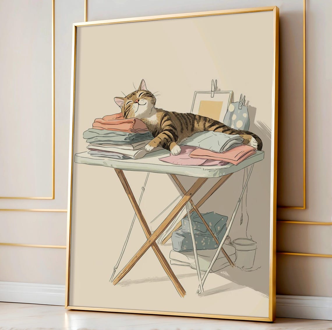 Folding Table Cat Wall Art Whimsical Tabby Laying On Clean Clothes Funny Laundry Room Pet Decor