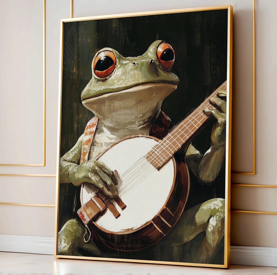 Frog Playing Banjo Moody Portrait Whimsical Music Animal Poster