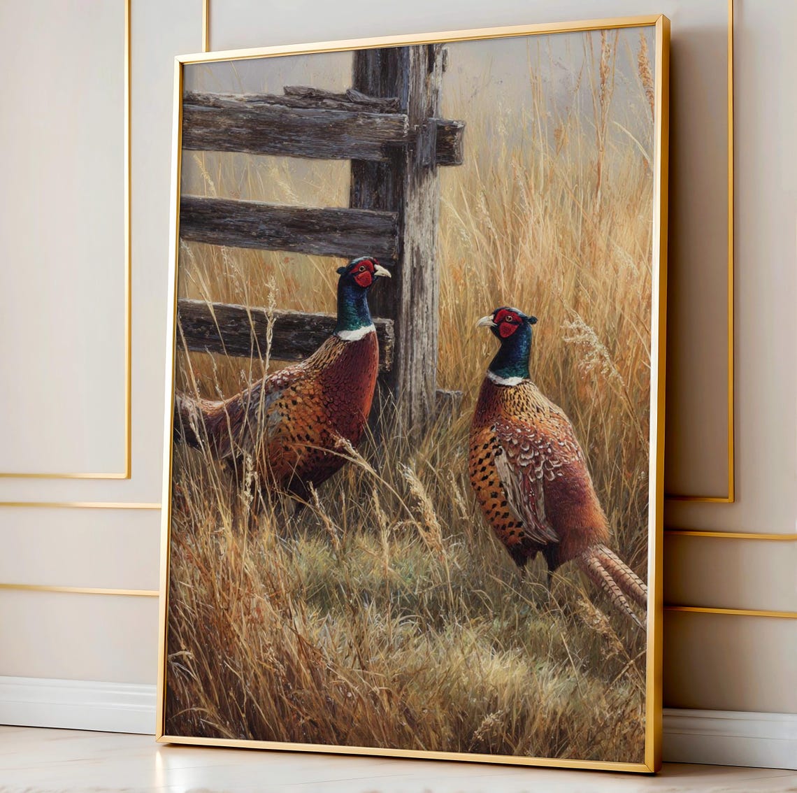 Two Pheasants by a Rustic Wooden Gate in Tall Swaying Grass Poster