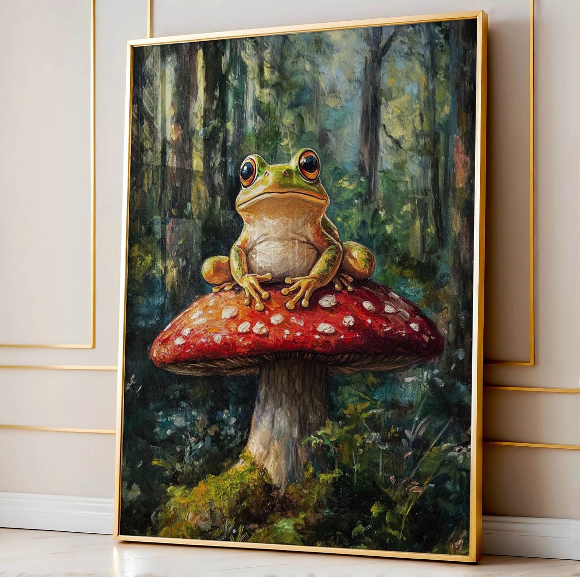 Green Frog Resting on a Red Toadstool Oil Painting Forest Poster