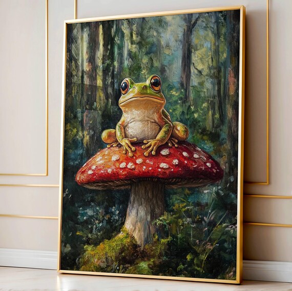 Green Frog Resting on a Red Toadstool Oil Painting Forest Poster