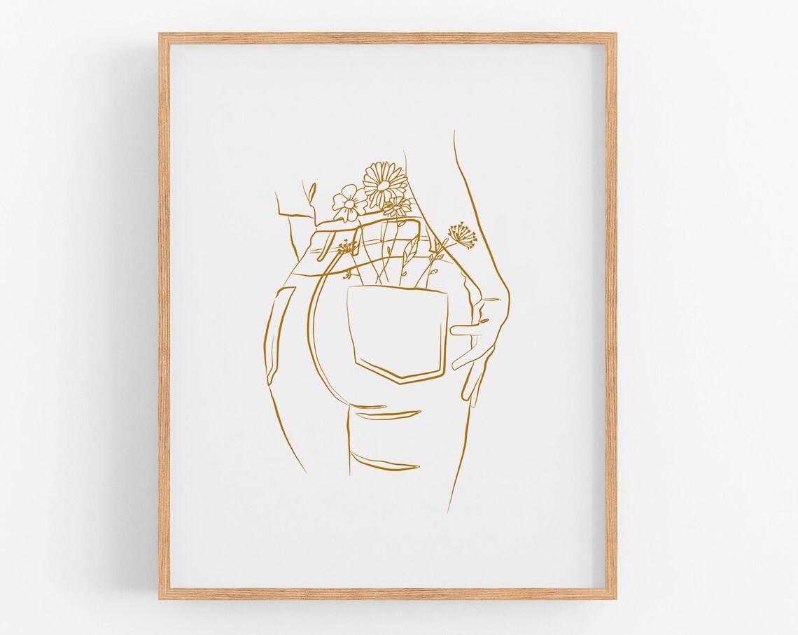 Woman Back Pocket Flowers Fine Line Gold Drawing Vintage Poster