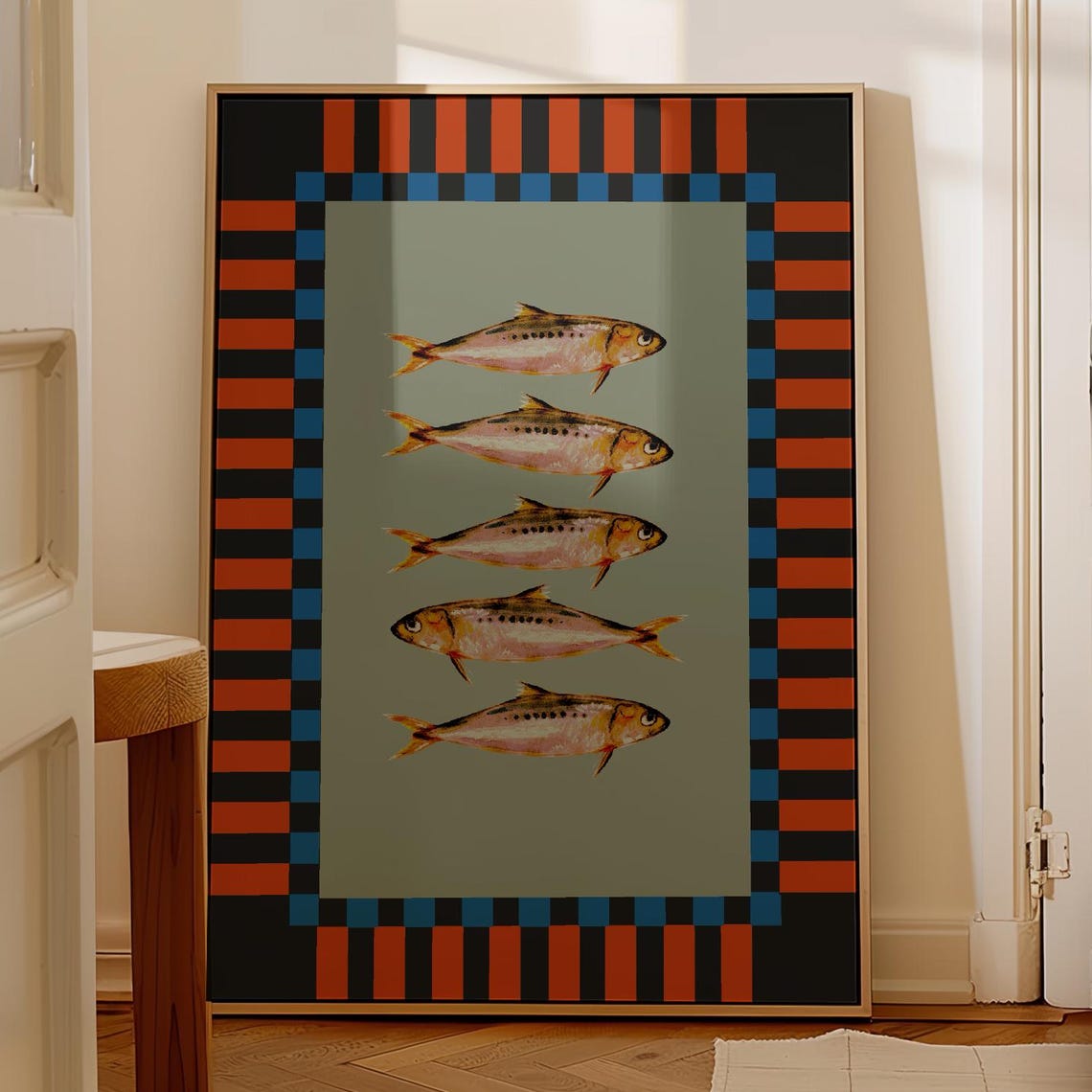Retro Sardines Kitchen Black Orange Stripe Border Poster Decor