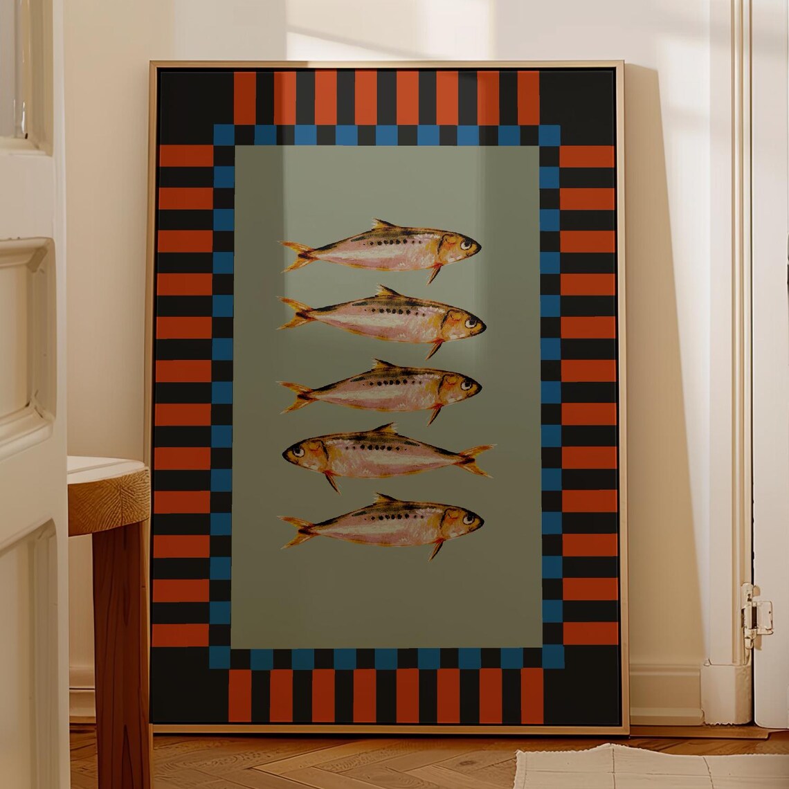 Vintage Sardines Fish Black Green Stripe Trendy Kitchen Wall Art Retro Modern Food Home Decor