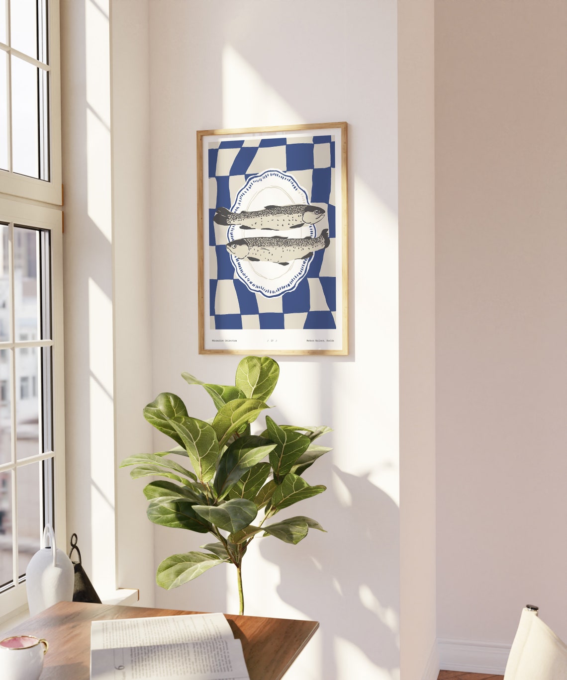 Two Fish on Plate Blue Checkered Minimalist Kitchen Food Poster - Image 2