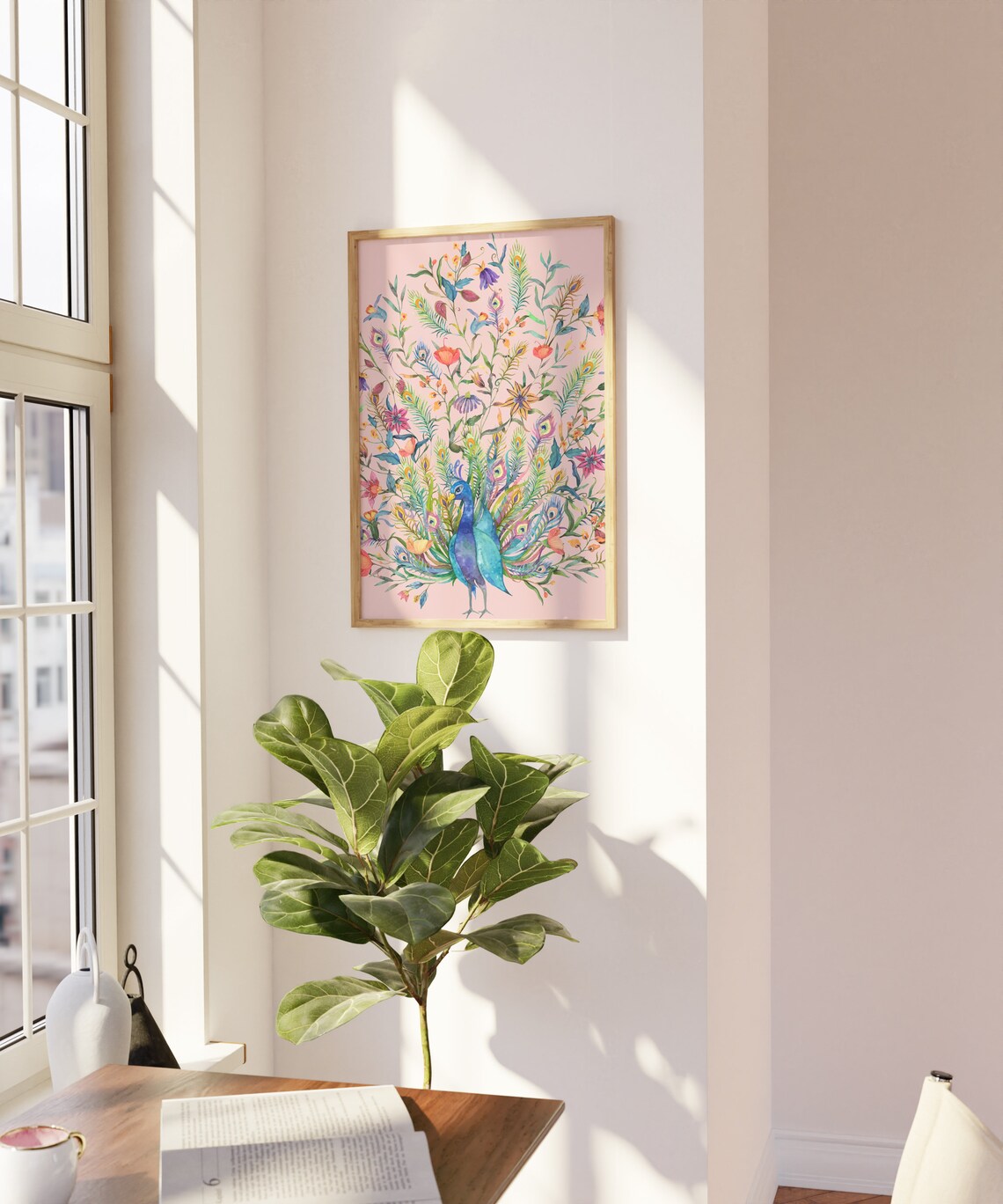 Pink Peacock Art Print, Boho Mid-Century Decor - Image 2