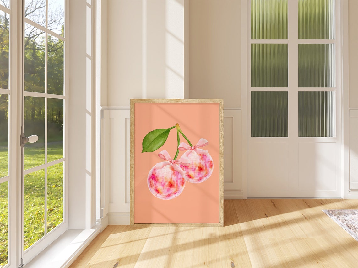 Cherry Disco Ball Pink Bow Peach Background Trendy Dorm Poster - Image 3