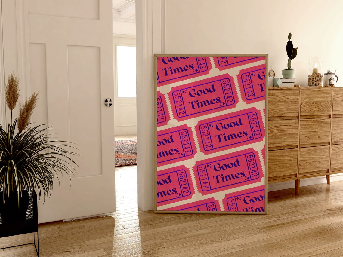 Good Times Pink Retro Ticket Pattern Trendy Dorm Poster Decor - Image 2