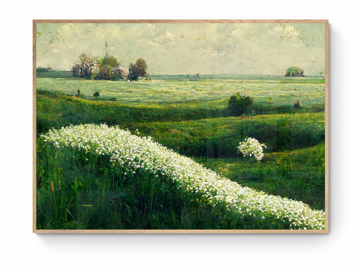Vintage Spring Meadow Painting, Farmhouse Landscape Art Print