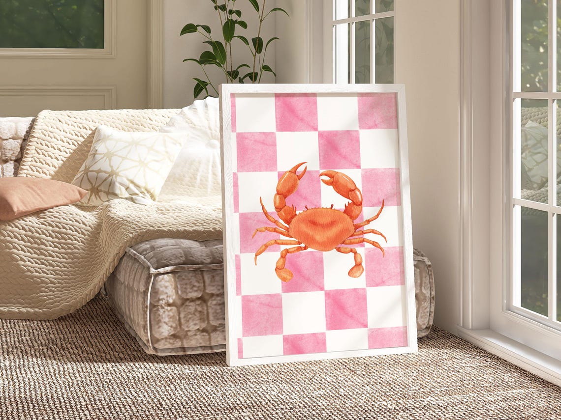 Watercolor Crab Orange On Pink Checkered Trendy Coastal Beach Poster - Image 3