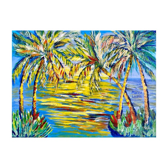 Sunset Art Large Tropical Painting Yellow Art Abstract Wall Art Tropical Original Paintings Or Giclee Prints For Bedroom Palm Tree Paintings