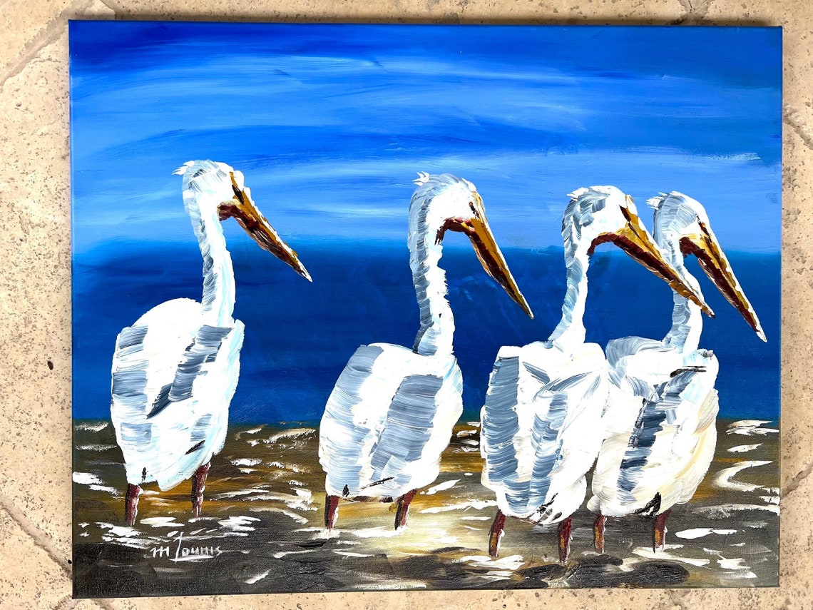 White Pelican Beach Painting Four Pelicans Coastal Bird Ocean Wall Art