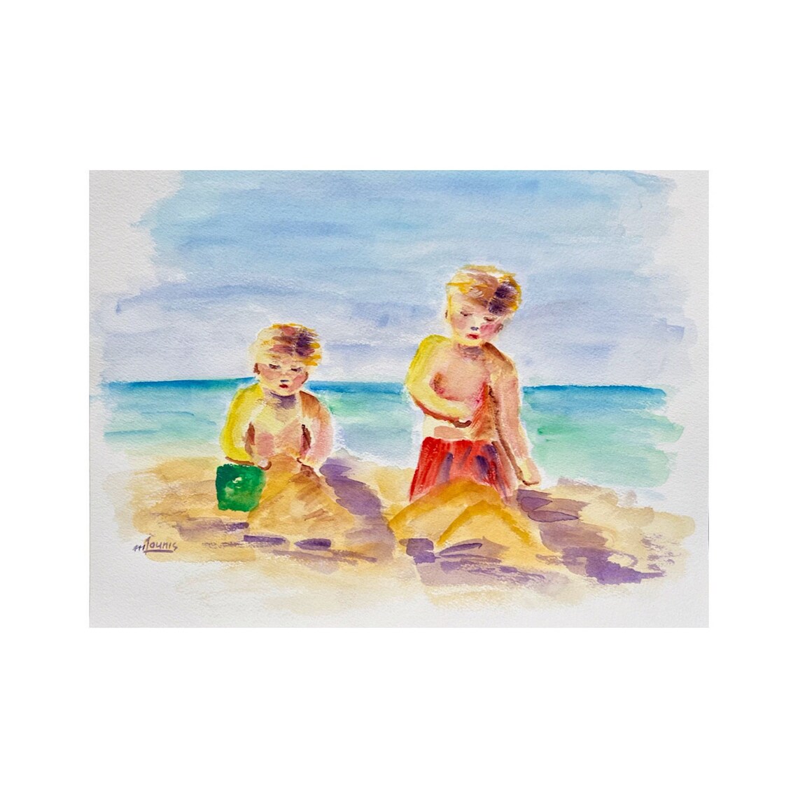 Two Boys On Beach Watercolor Painting Kids Playing Sand Family Wall Art