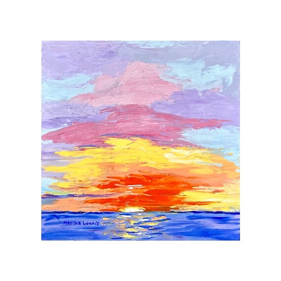 Abstract Ocean Sunset Painting Pink Orange Yellow Seascape Wall Art Poster