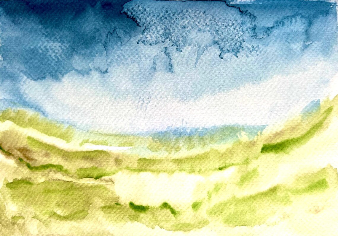 Abstract Blue Sky Green Hills Watercolor Landscape Serene Minimal Wall Poster