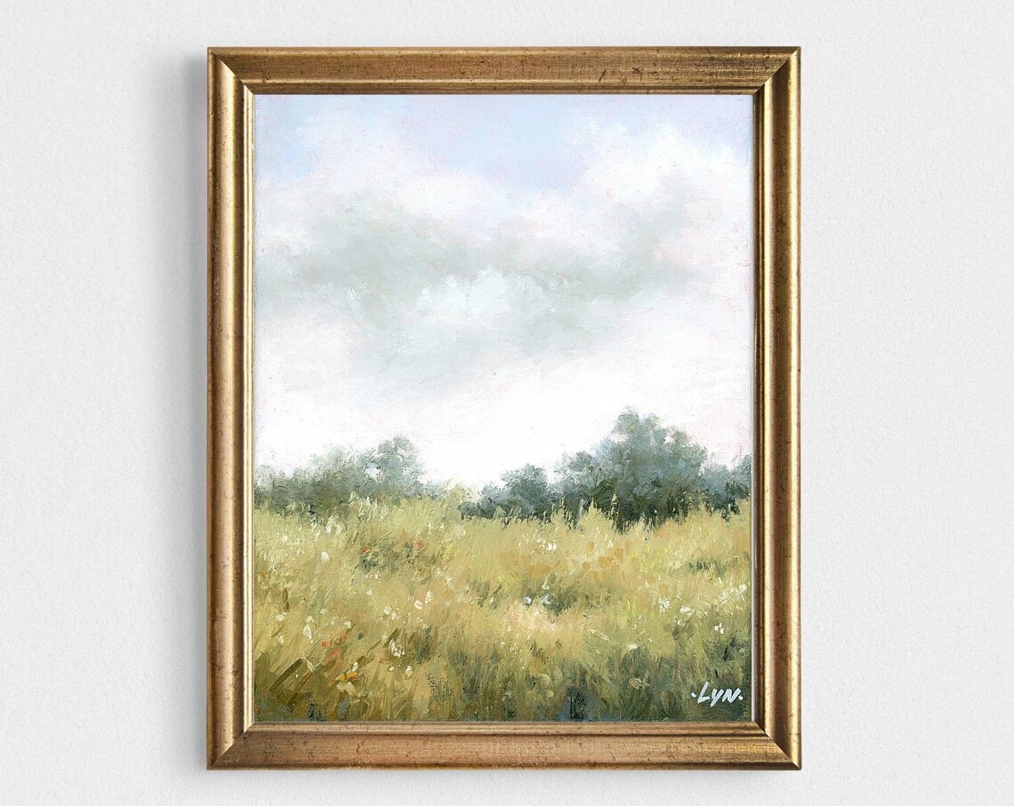 Landscape Flower Meadow Art Print, Neutral Wildflowers