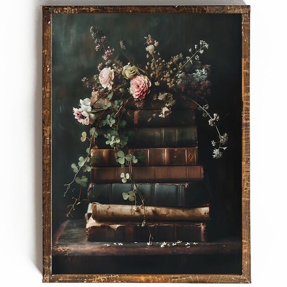 Stack of Antique Books with Roses Flowers Dark Floral Poster