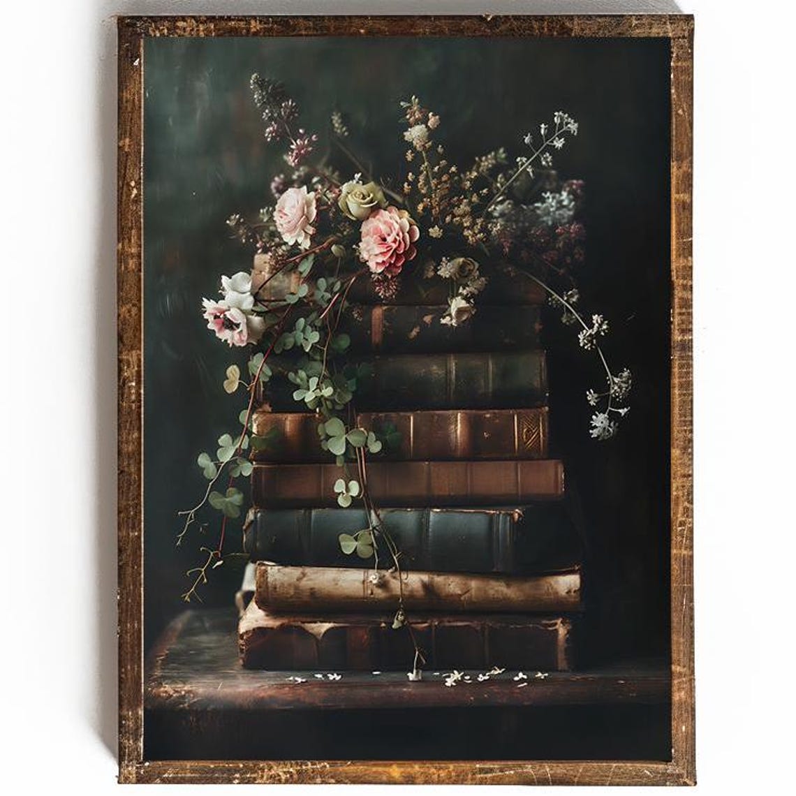 Stack of Antique Books with Roses Flowers Dark Floral Poster
