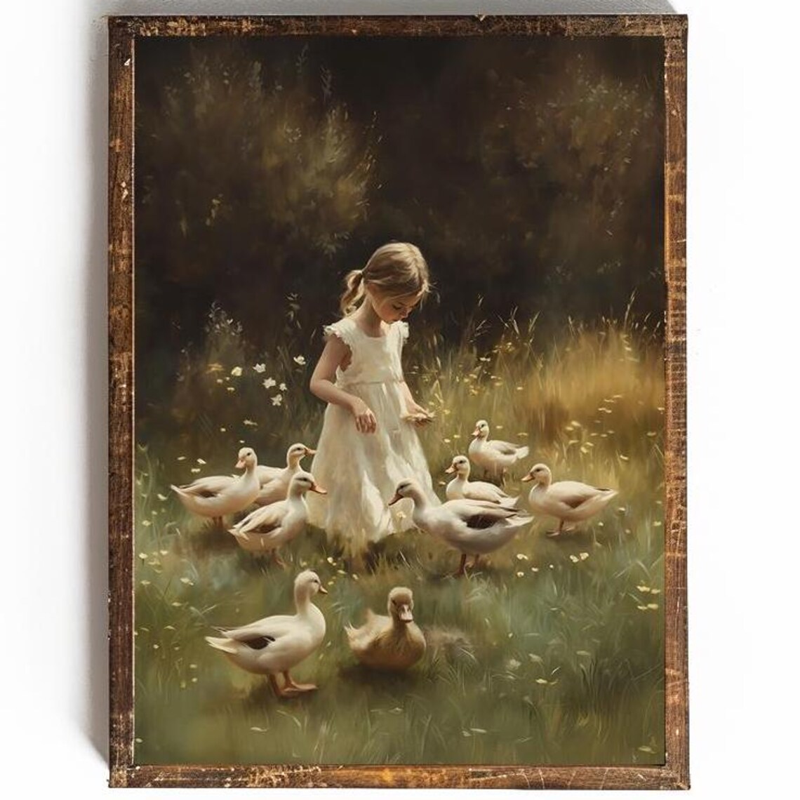Little Girl Feeding White Ducks Meadow Vintage Style Farm Poster