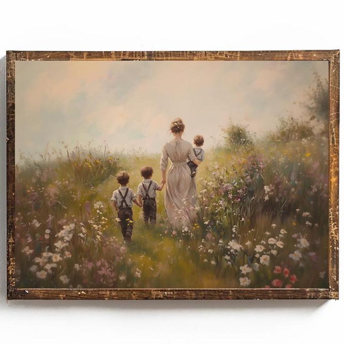 Mother With Three Boys Walking Through Wildflower Meadow Poster