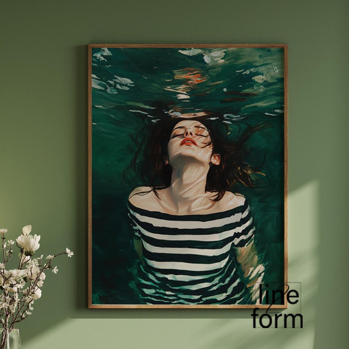Woman Swimming, Emerald Green Abstract Art Print