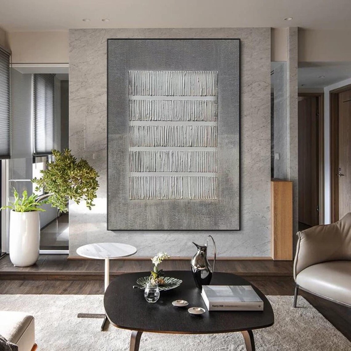 Grey Abstract Textured Line Painting, Minimalist - Image 2