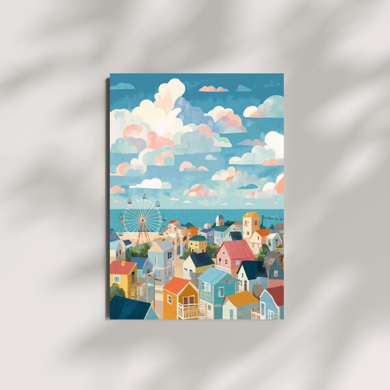Whimsical Seaside Town with Ferris Wheel Coastal Houses Poster