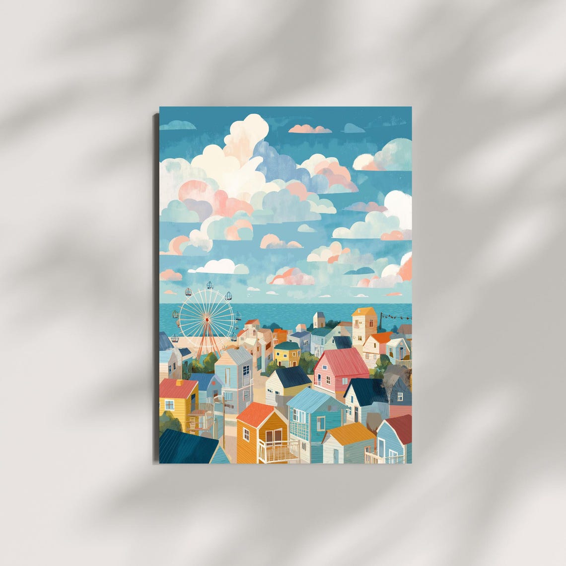 Whimsical Seaside Town with Ferris Wheel Coastal Houses Poster