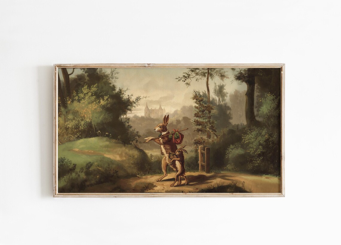 Vintage Hares Walking Forest Path Church Spire Oil Painting Poster - Image 4