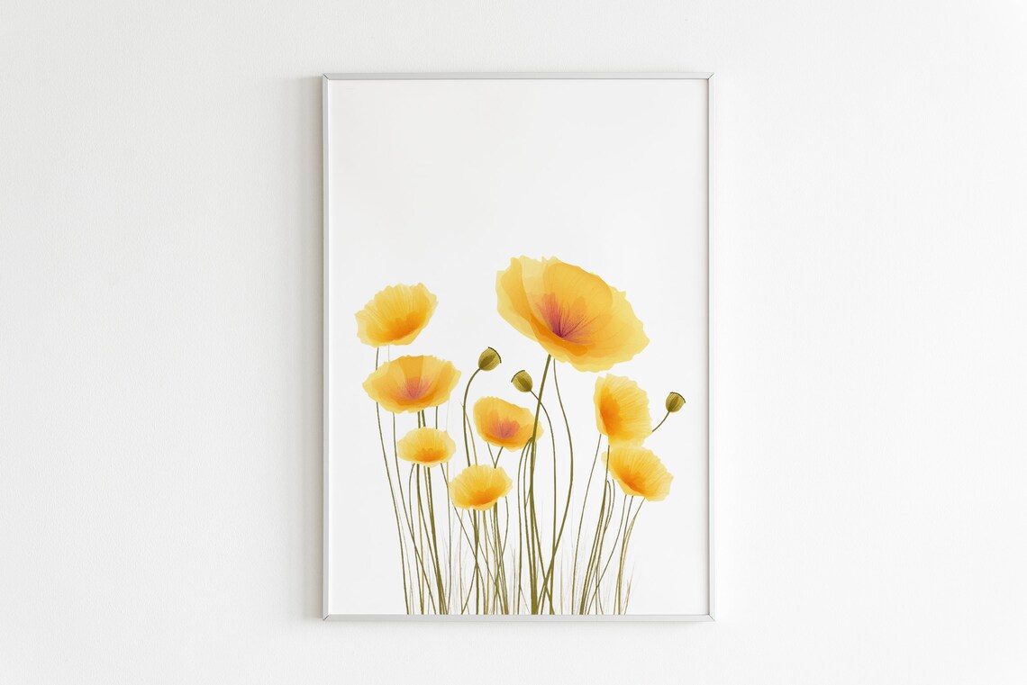 Yellow Poppy Watercolor Wildflowers Thin Stems Floral Poster - Image 2