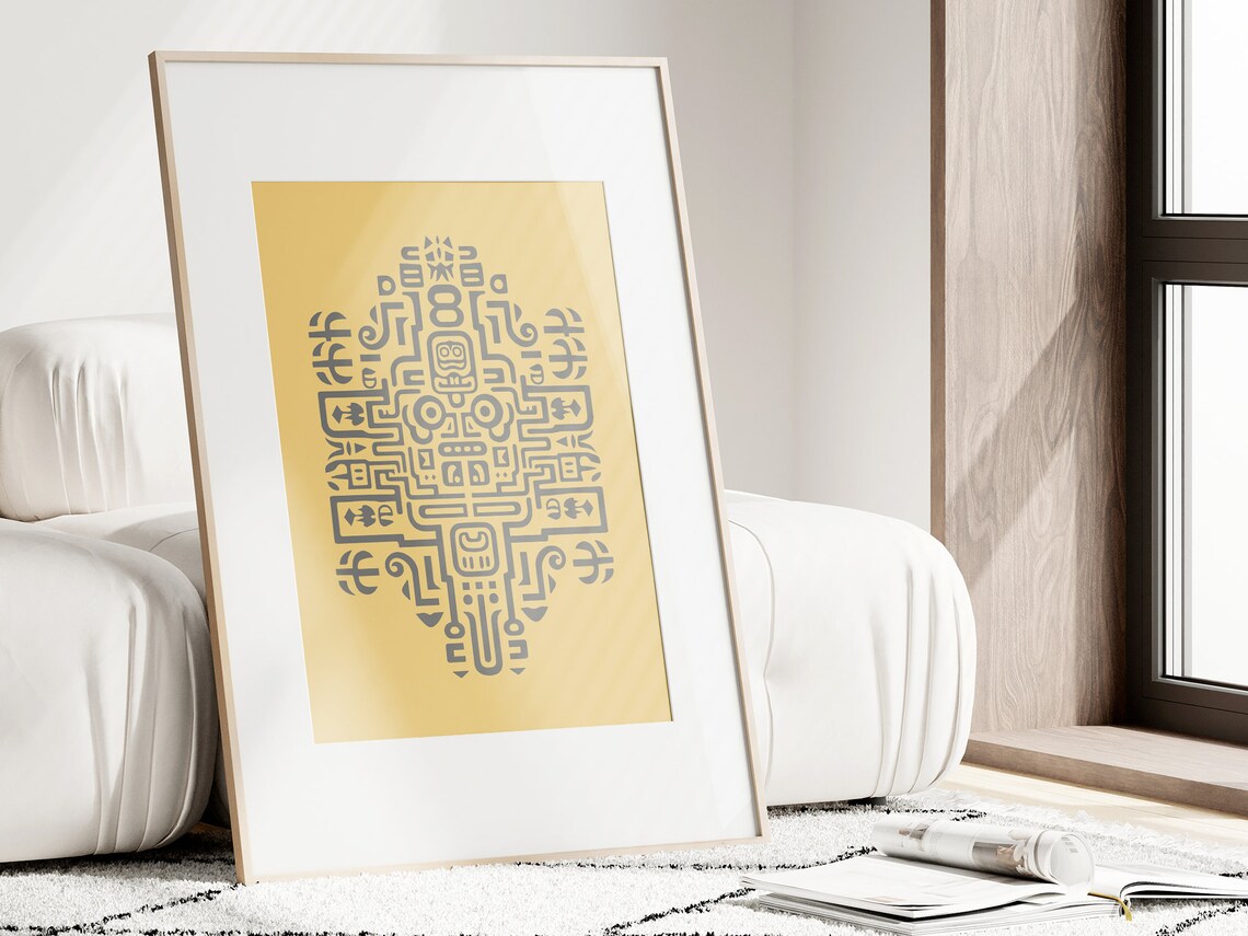 Mayan Glyph Circle White Line Art on Lime Green Custom Art Poster - Image 3