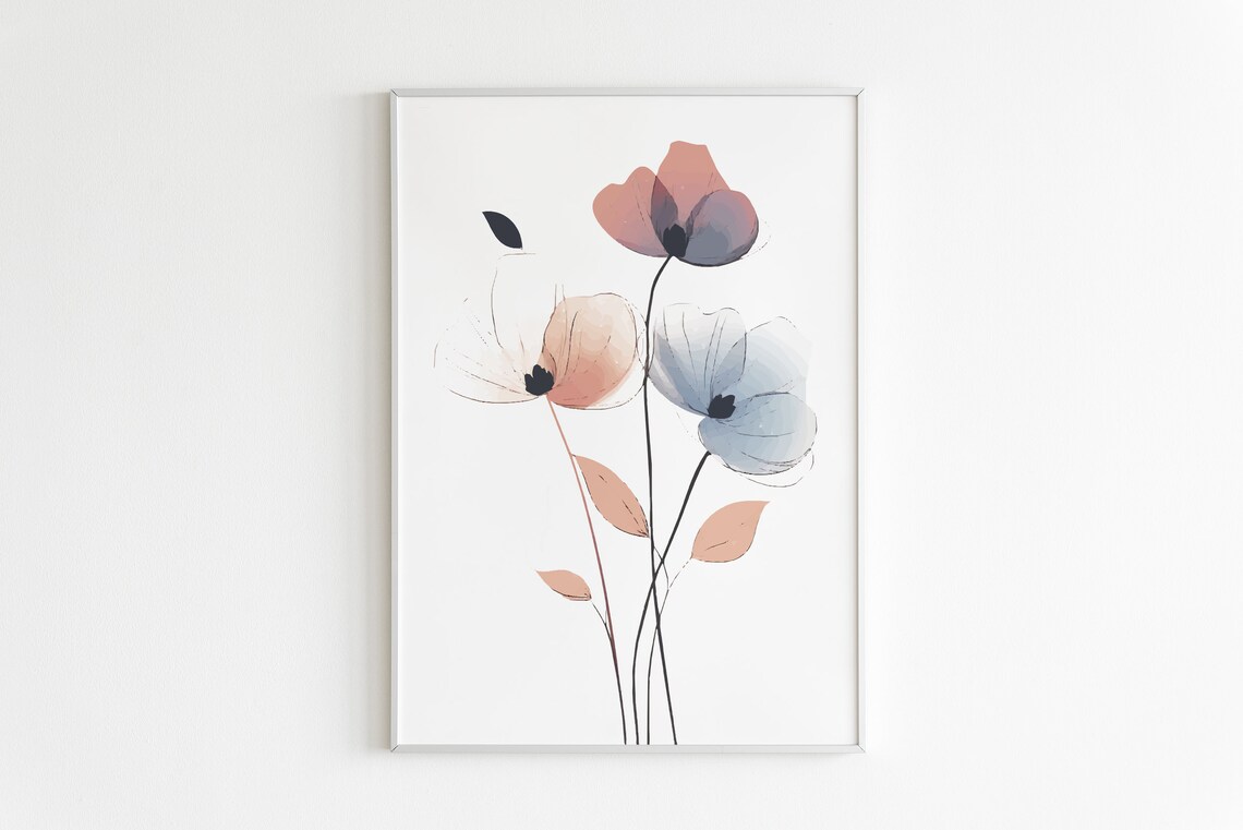 Blush And Dusty Blue Poppy Watercolor Floral Botanical Wall Art