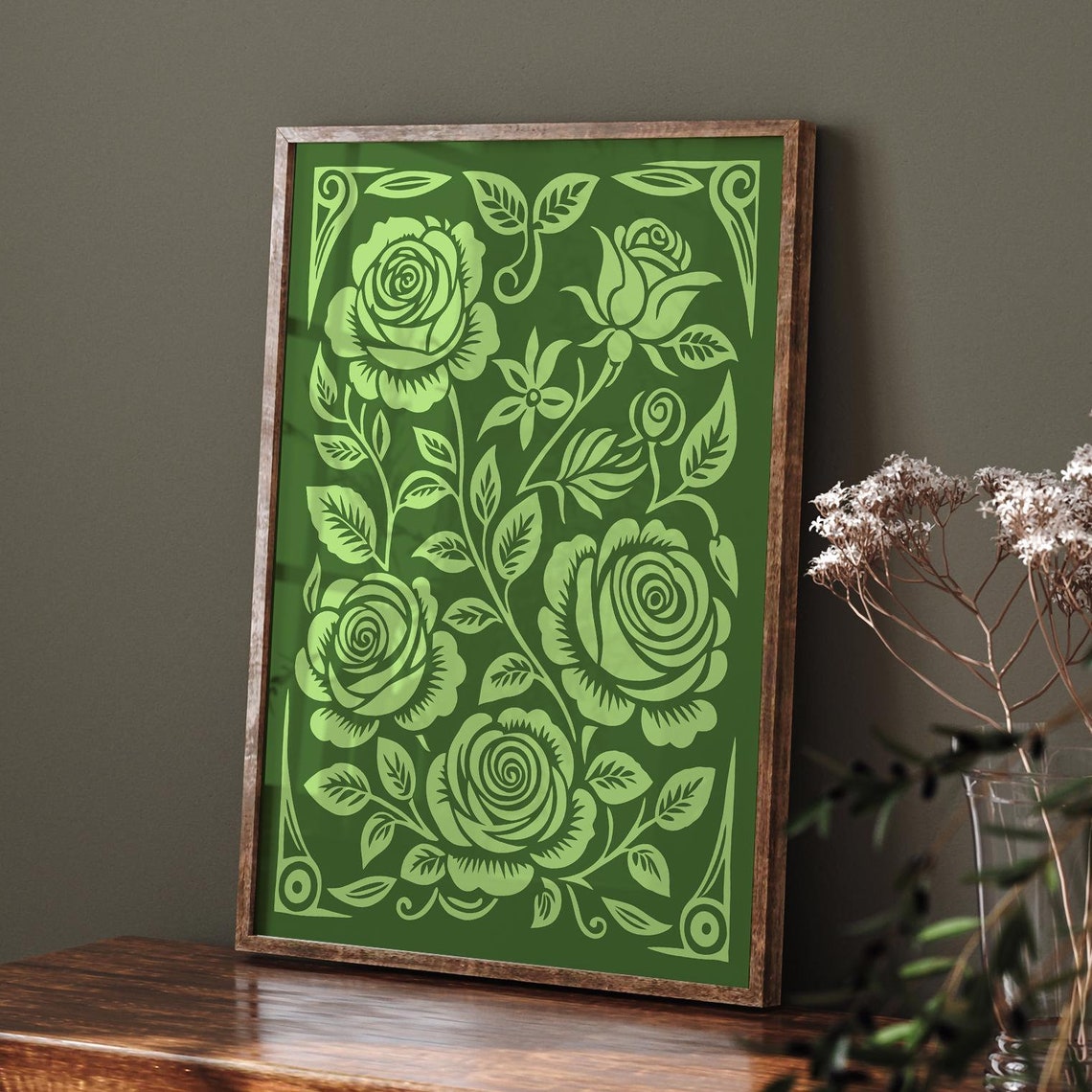 Lime Green Roses Monochrome Vintage Floral Botanical Art Poster - Image 5