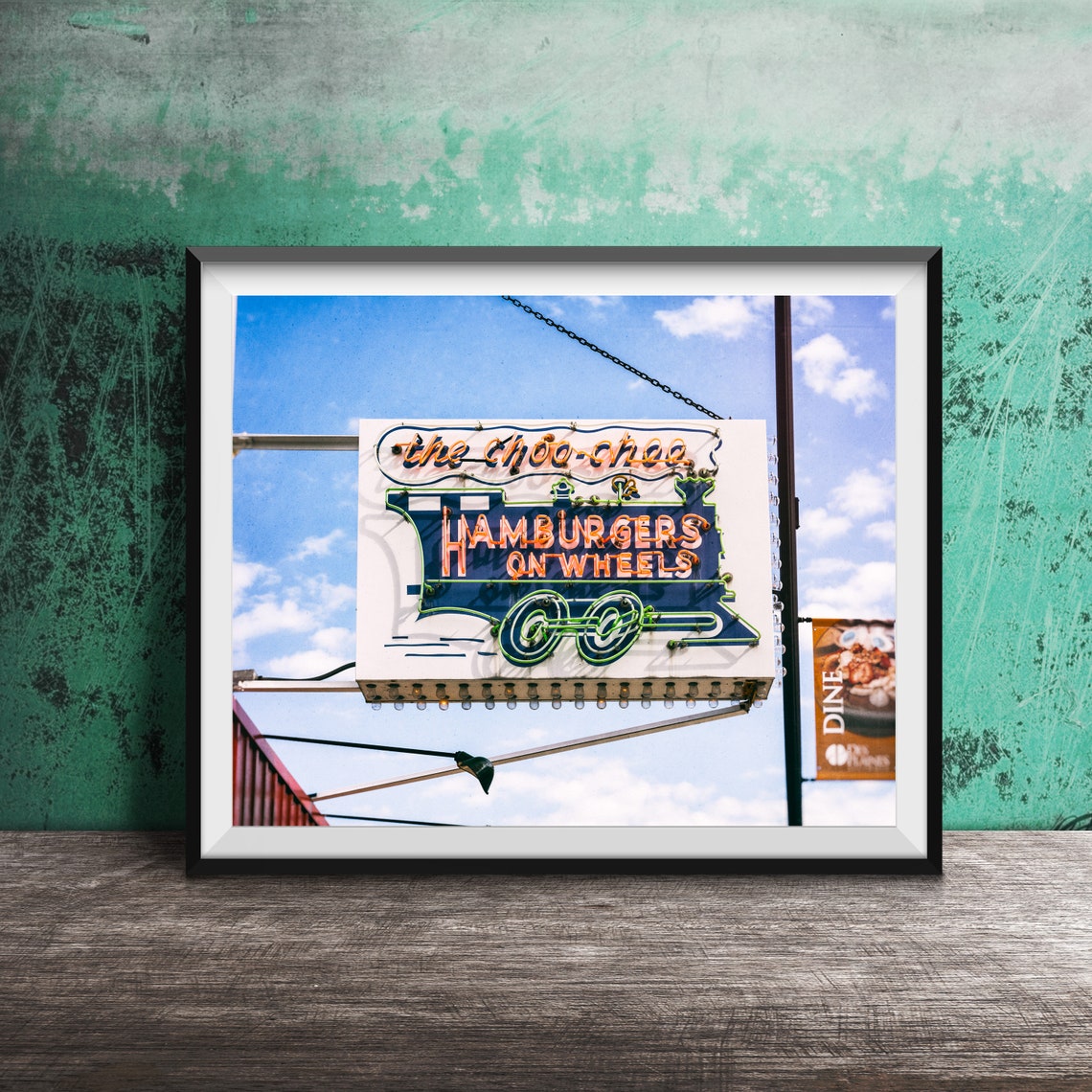 The Choo Choo Hamburgers on Wheels Neon Train Sign Retro Poster
