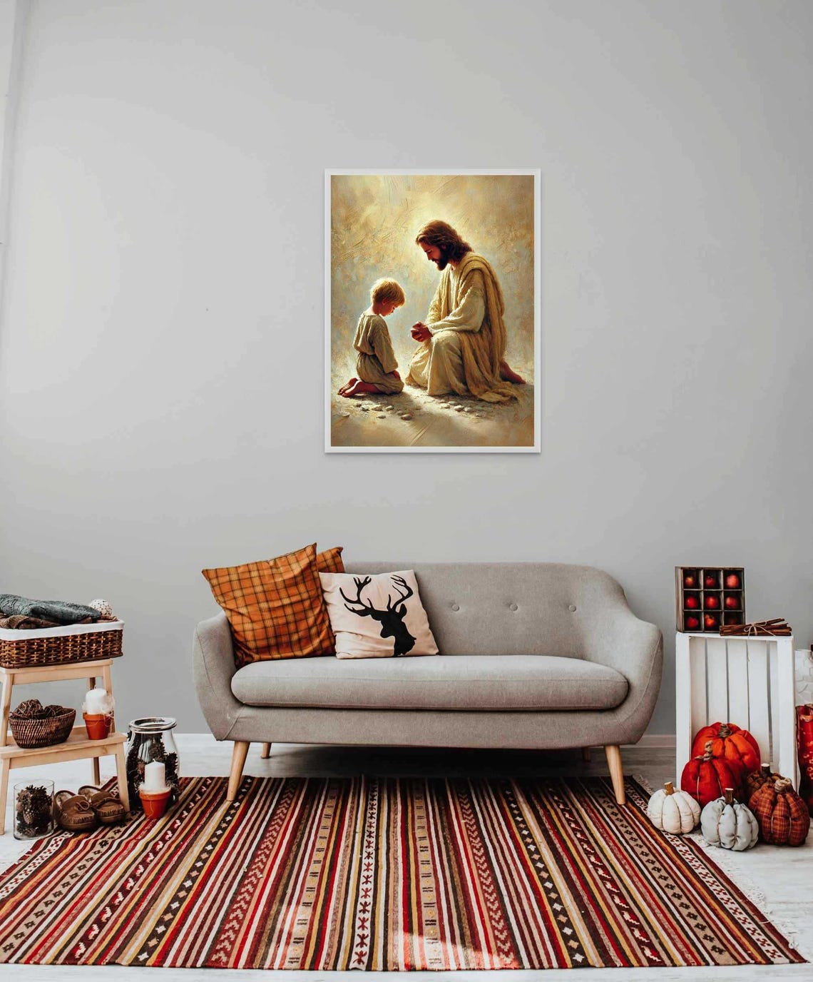 Jesus Praying Beside Little Boy Warm Golden Christian Art Poster - Image 2