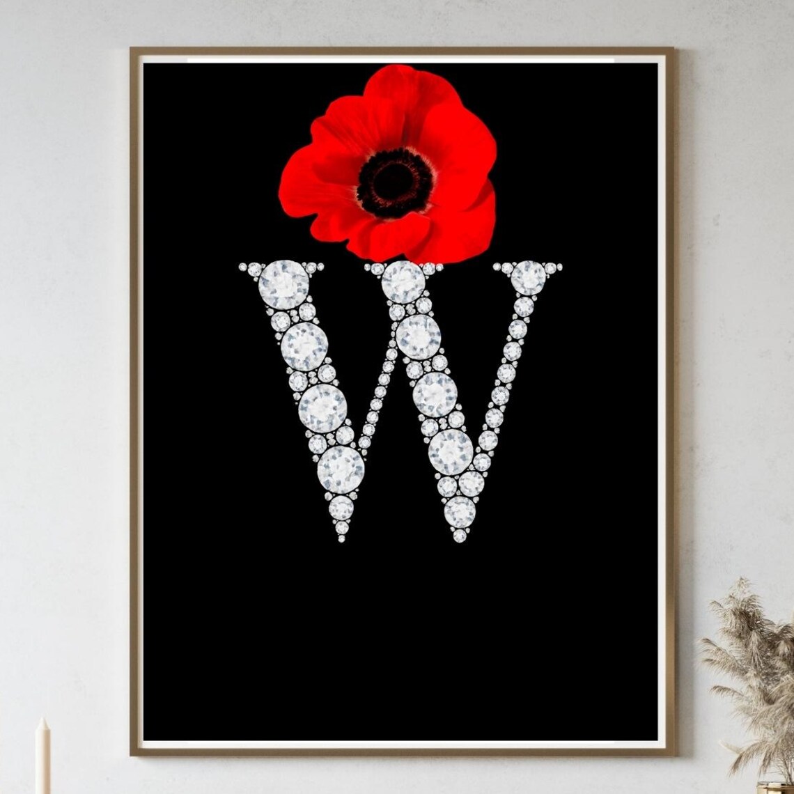Diamond Letter W Red Flower Monogram Poster