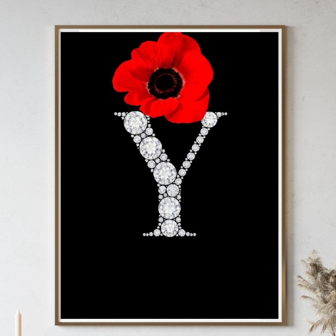 Diamond Letter Y, Red Flower Monogram Poster