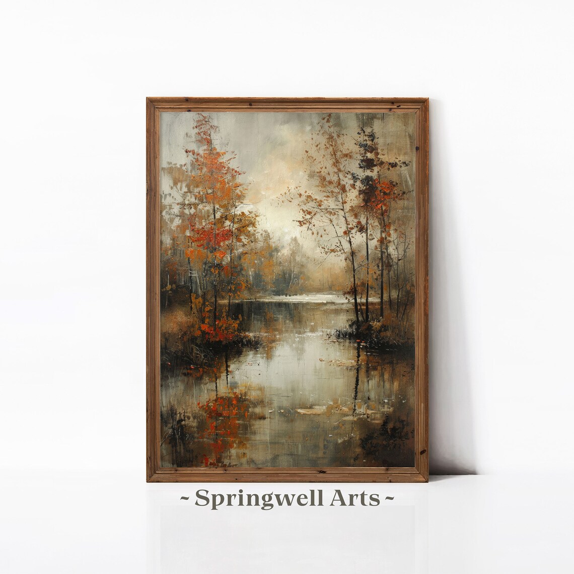 Fall Forest Landscape Painting, Rustic Autumn Lake Art Print