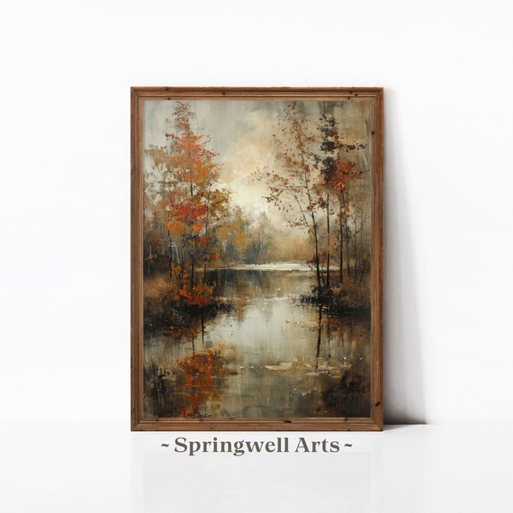 Fall Forest Landscape Painting, Rustic Autumn Lake Art Print