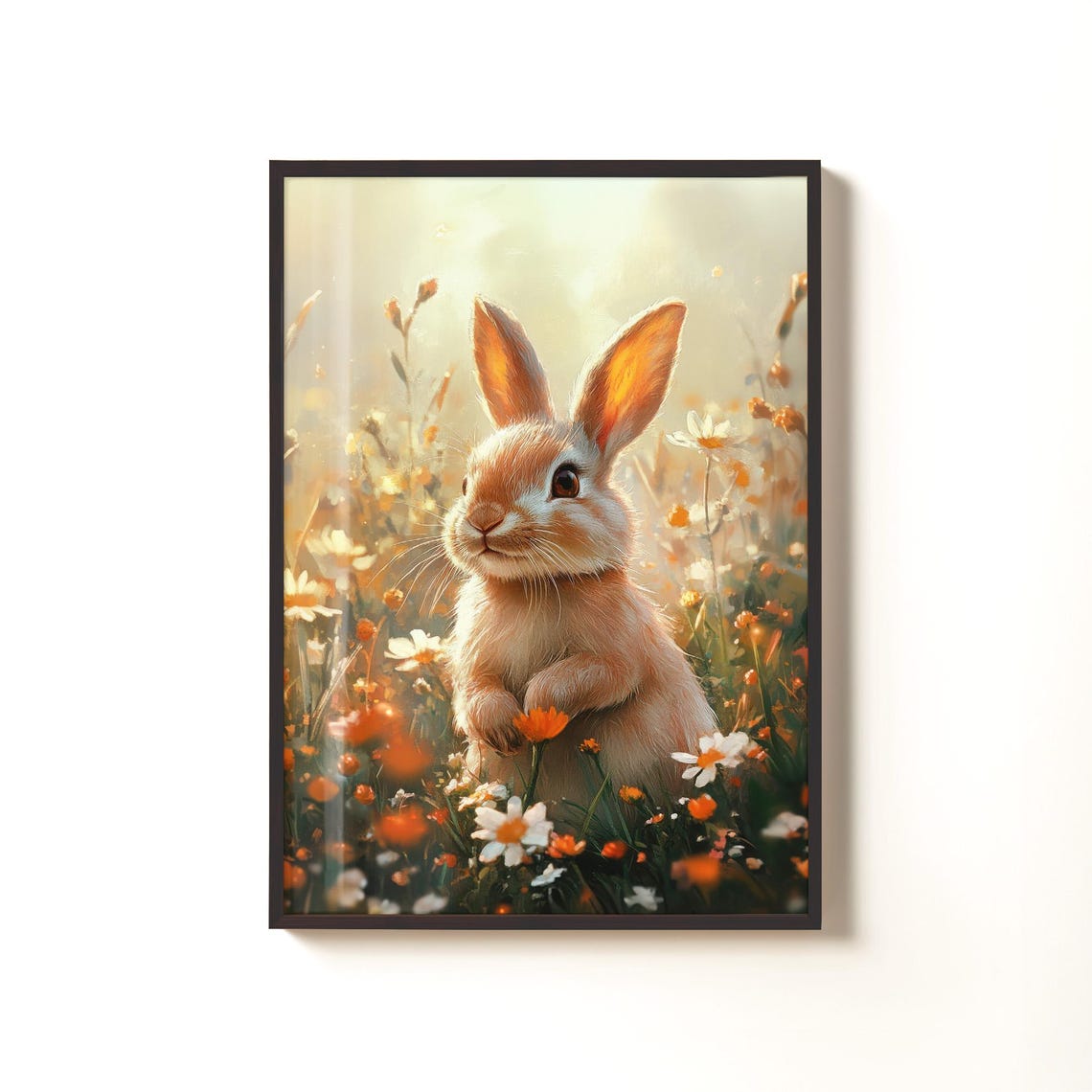 Cute Easter Bunny Print Spring Rabbit Poster Orange Wildflowers Nursery Kids Room Decor Instant Wall Art - Image 3