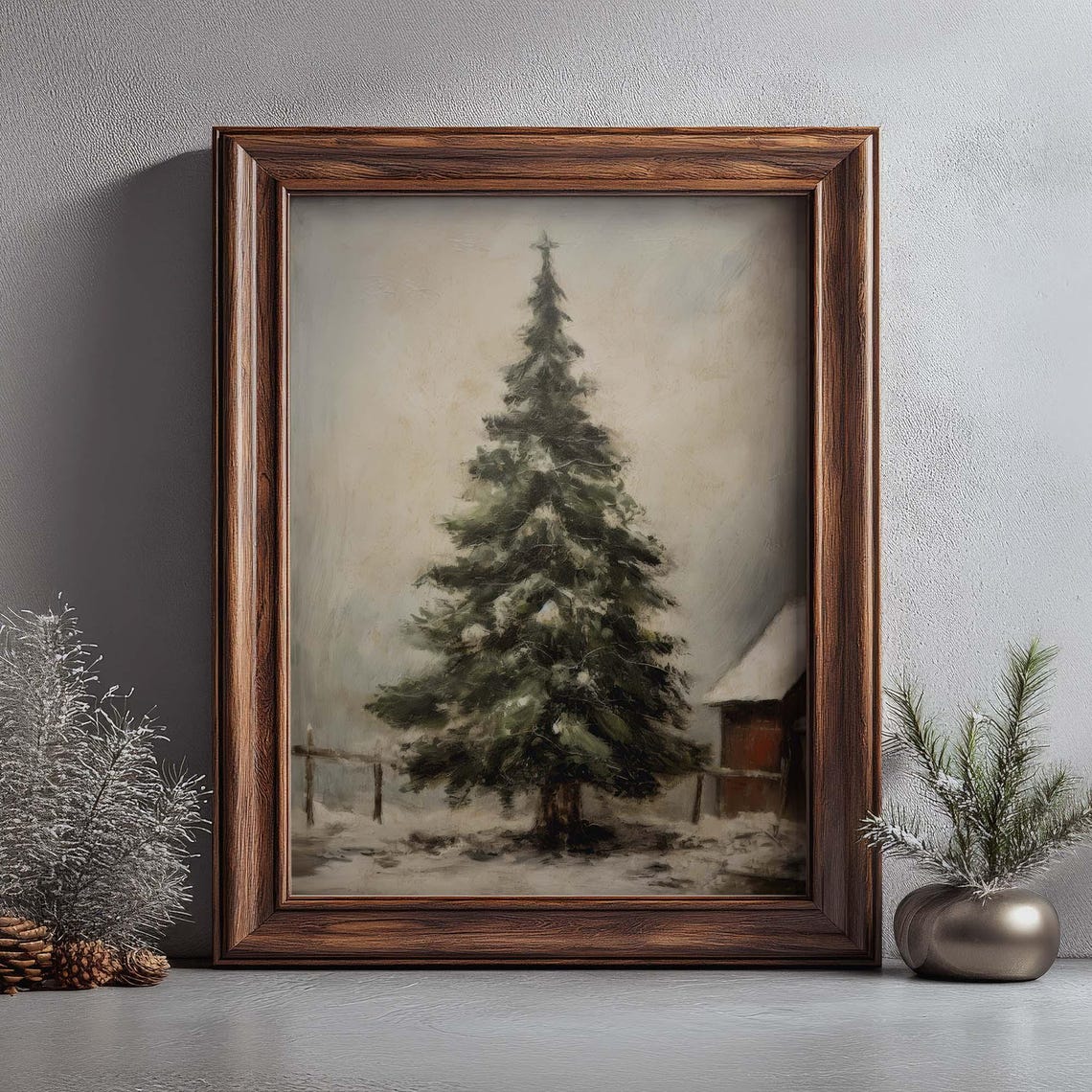 Vintage Snowy Evergreen Tree Red Barn Farm Winter Art Poster - Image 3