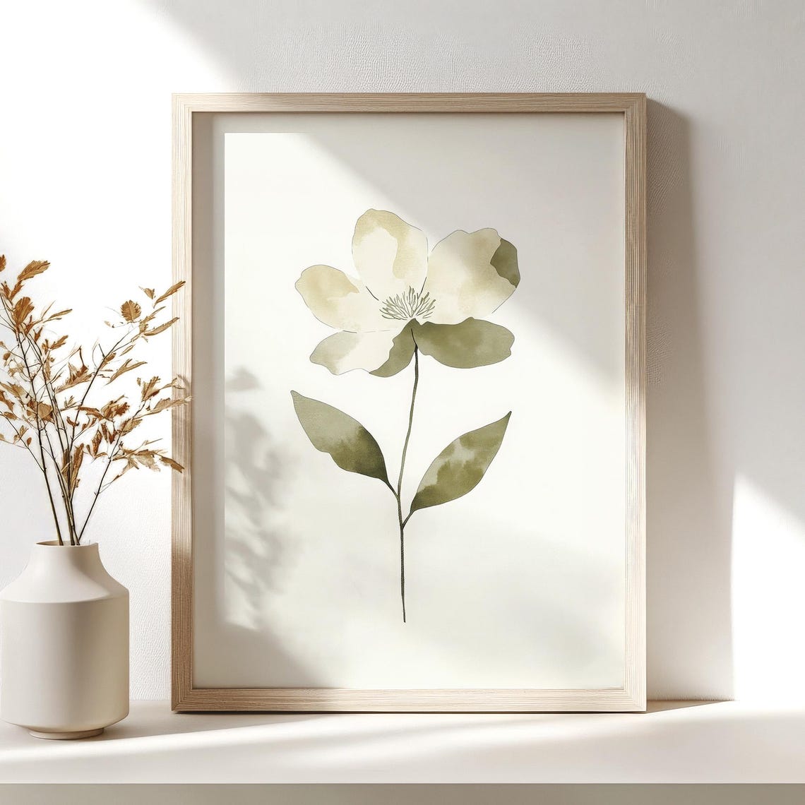 Cream Watercolor Flower Minimalist Botanical Sage Green Wall Poster - Image 2
