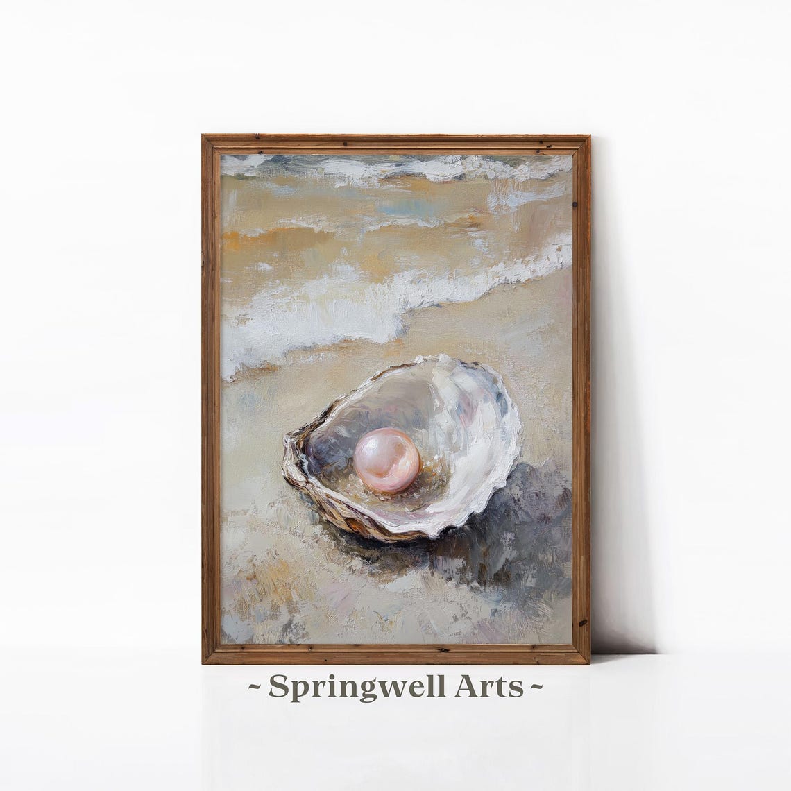 Pink Pearl In Oyster Shell Beach Waves Coastal Seaside Wall Poster