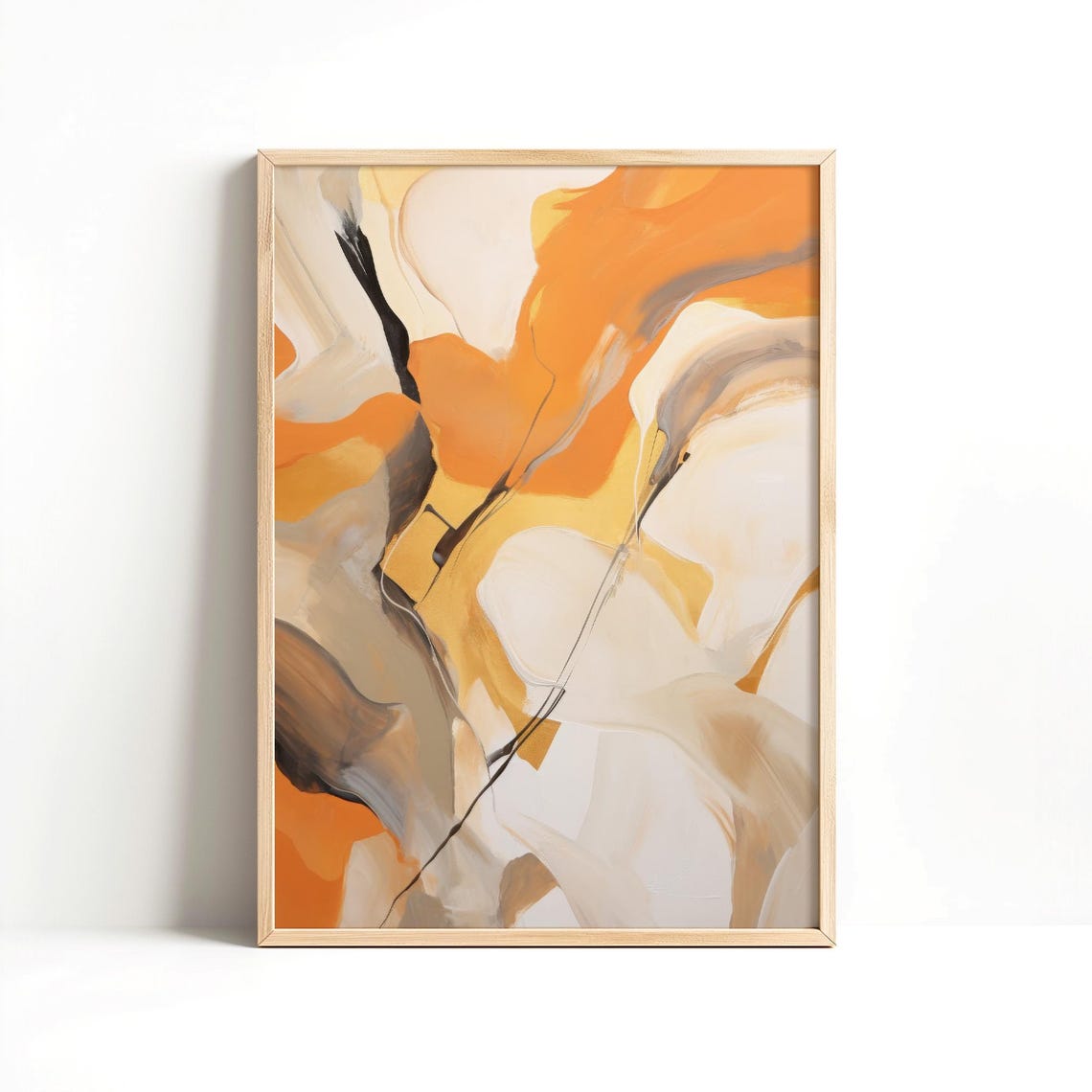 Bold Orange And Beige Abstract With Dark Ink Line Modern Art Poster