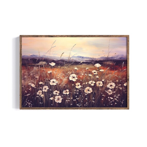 White Wildflower Field Sunset Painting Romantic Landscape Wall Poster