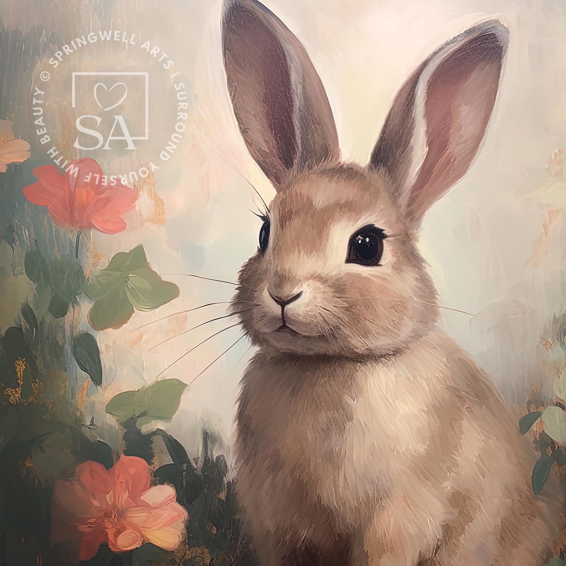 Baby Bunny Rabbit Flower Painting Cute Nursery Wall Decor Art Poster - Image 2