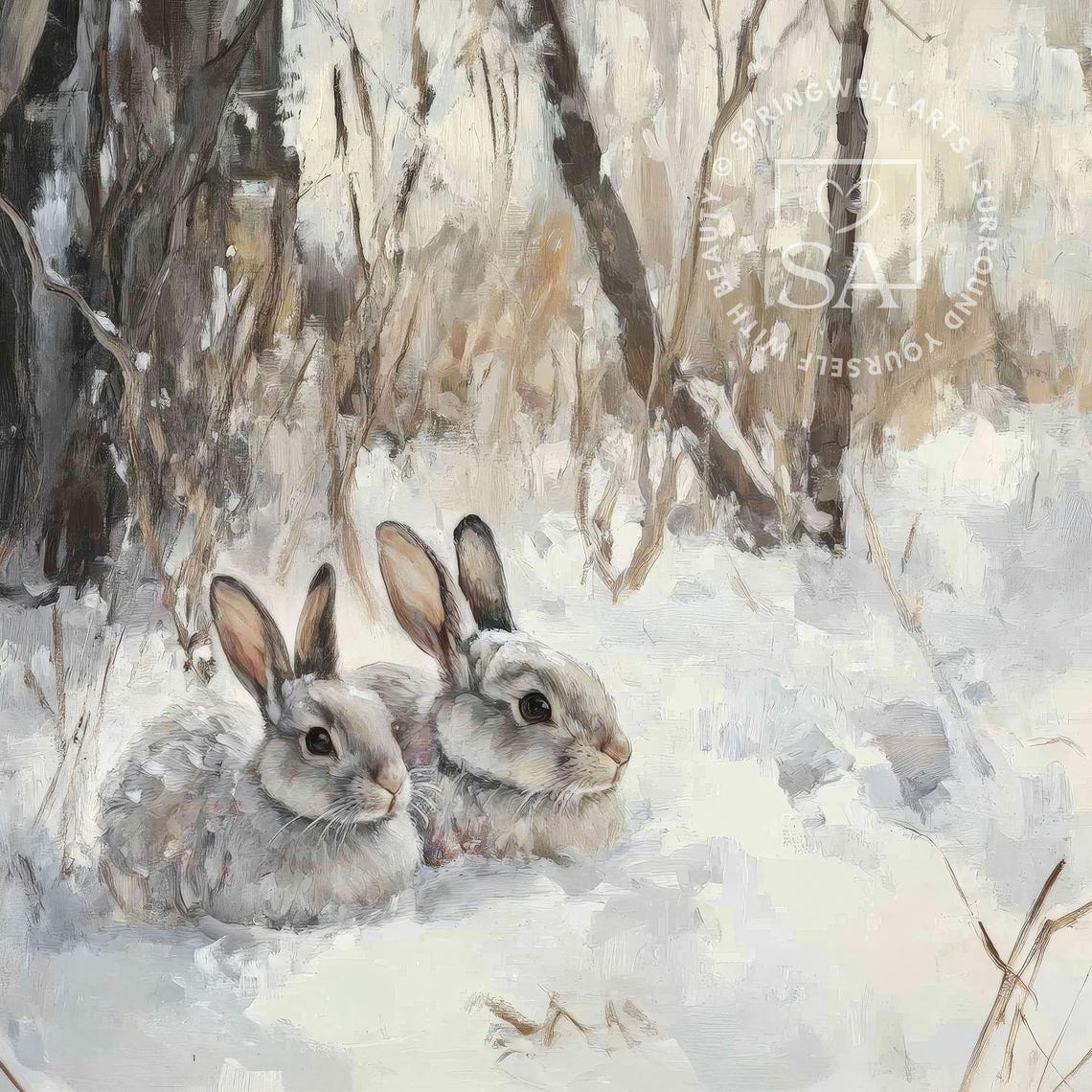 Rabbit Pair Snowy Forest Clearing Vintage Winter Wildlife Poster - Image 2