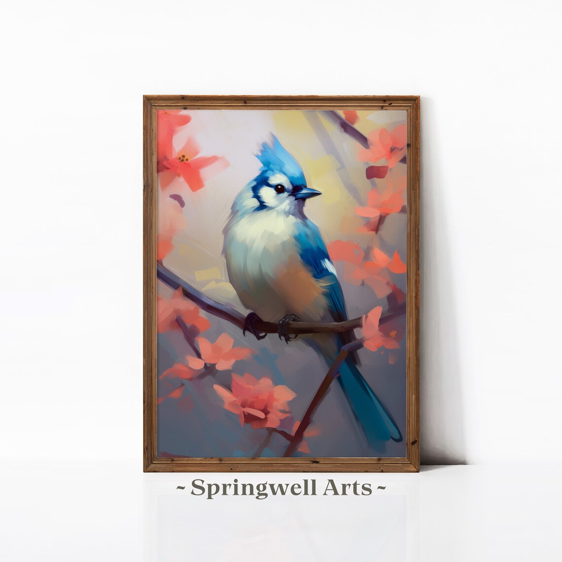 Blue Jay Bird Coral Blossom Branch Charming Spring Bird Art Poster