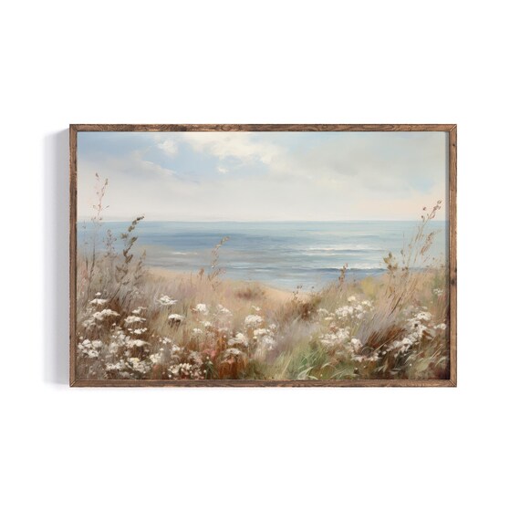 Summer Coastal Meadow White Wildflowers Seaside Ocean Art Poster